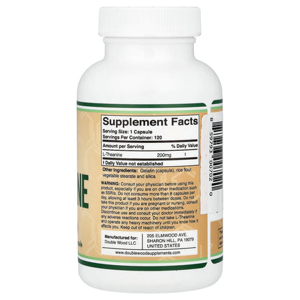 Double Wood Supplements L-Theanine, 200 mg, 120 Capsules - supplement facts and ingredients label