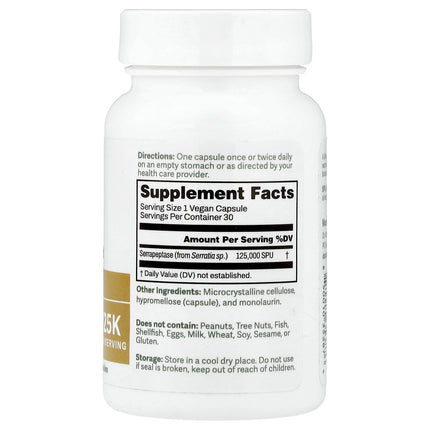 Dr. Murray's Serrapeptase 125,000 SPU 30 Vegan Capsules bottle, back label with supplement facts