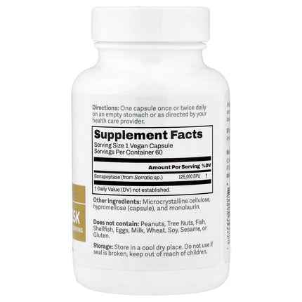 Dr. Murray's Serrapeptase 125,000 SPU 60 Vegan Capsules bottle, back label with supplement facts