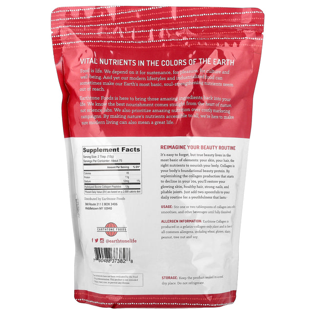 Earthtone Foods Grass Fed Collagen Peptides - Back label with supplement facts and ingredients