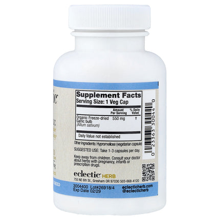 Eclectic Herb Garlic 550 mg 120 Veg Caps - back label with Supplement Facts