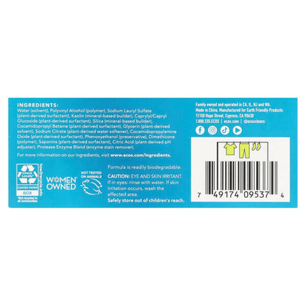 Ecos, Ecos®, Plant Powered Laundry Detergent Sheets, Free & Clear, 50 Sheets  - back label with ingredients