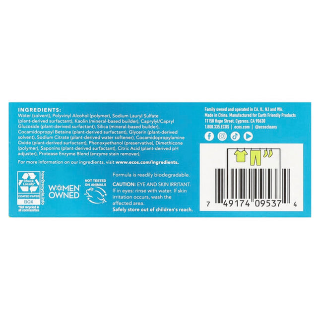 Ecos, Ecos®, Plant Powered Laundry Detergent Sheets, Free & Clear, 50 Sheets  - back label with ingredients