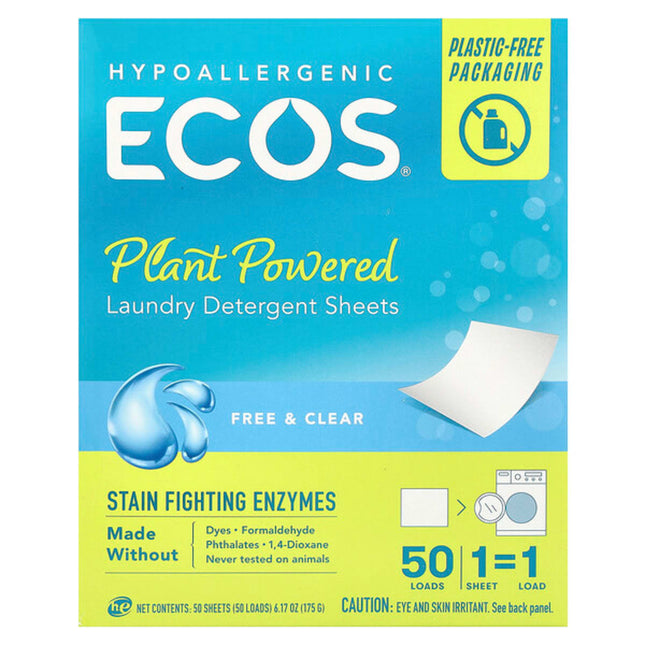 Ecos, Ecos®, Plant Powered Laundry Detergent Sheets, Free & Clear, 50 Sheets  - front of pack