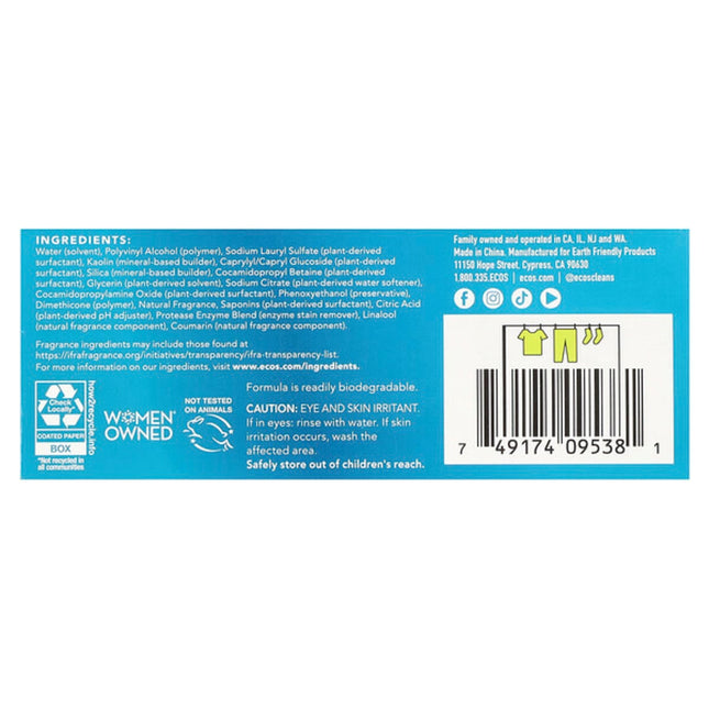 Ecos, Ecos®, Plant Powered Laundry Detergent Sheets, Lavender Vanilla, 50 Sheets  - back label with ingredients