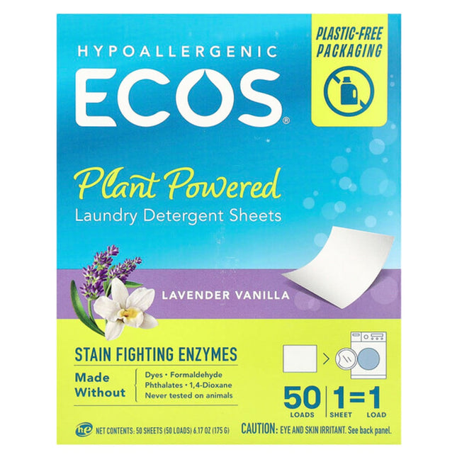 Ecos, Ecos®, Plant Powered Laundry Detergent Sheets, Lavender Vanilla, 50 Sheets  - front of pack