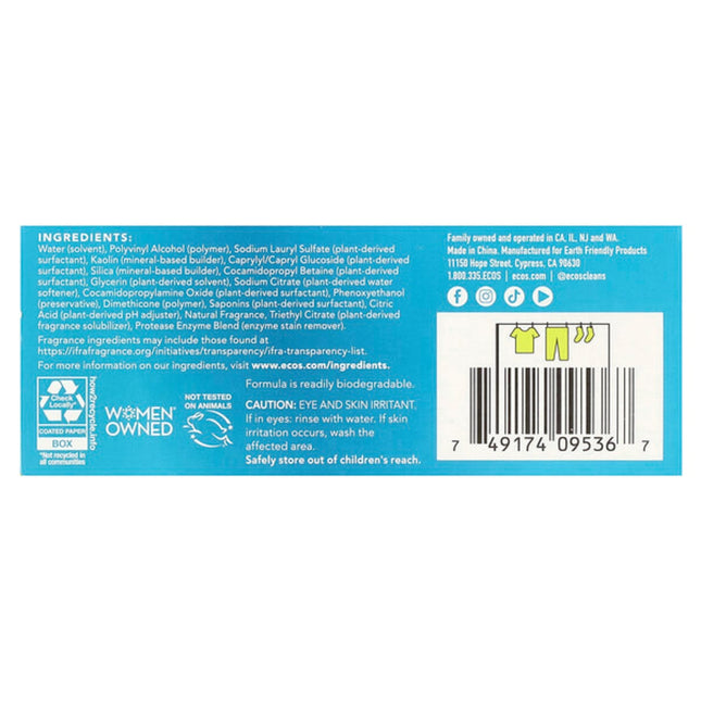 Ecos, Ecos®, Plant Powered Laundry Detergent Sheets, Magnolia & Lily, 50 Sheets  - back label with ingredients