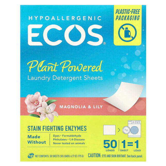 Ecos, Ecos®, Plant Powered Laundry Detergent Sheets, Magnolia & Lily, 50 Sheets  - front of pack