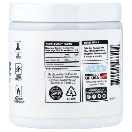EHPlabs Acetyl L-Carnitine 100 g (3.5 oz) - back label with supplement facts and ingredients