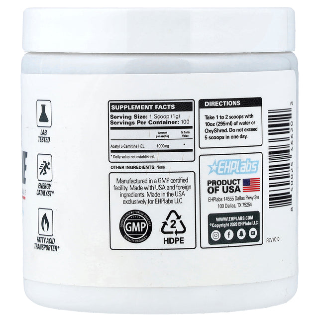 EHPlabs Acetyl L-Carnitine 100 g (3.5 oz) - back label with supplement facts and ingredients