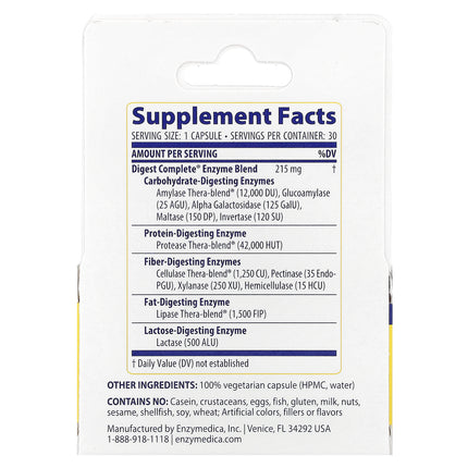 Enzymedica Digest Complete 30 capsules retail box back with supplement facts and ingredients