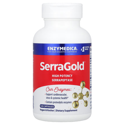 Enzymedica SerraGold High Potency Serrapeptase 120 Capsules bottle, front view