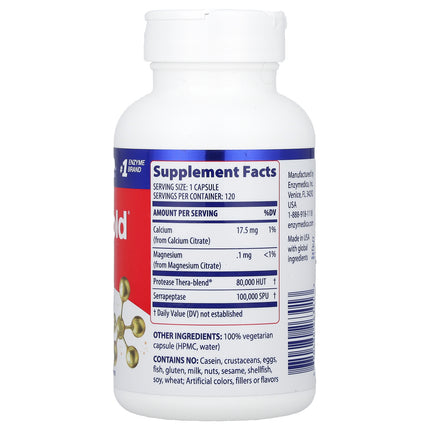 Enzymedica SerraGold High Potency Serrapeptase 120 Capsules bottle, back label with supplement facts