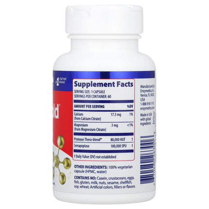 Enzymedica SerraGold High Potency Serrapeptase 60 Capsules bottle, back label with supplement facts