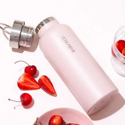 Ever Eco Rose 500ml insulated bottle with lid off, close-up of lid and handle