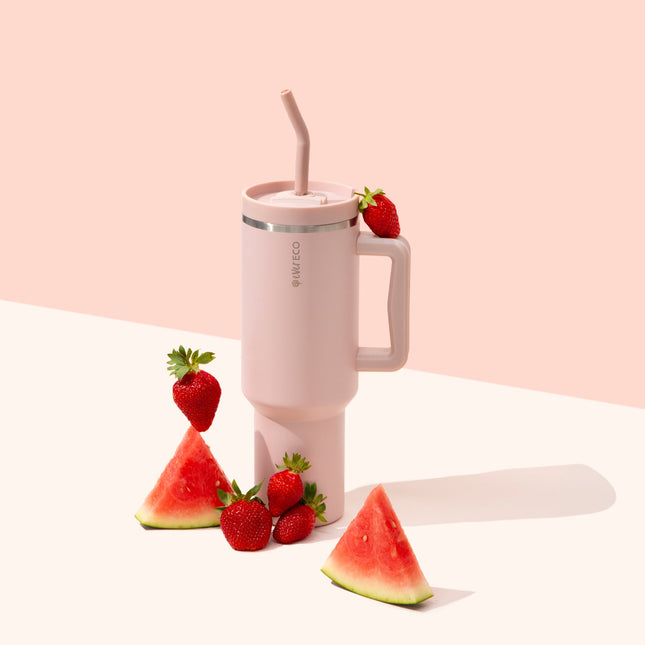 Ever Eco Rose 1.18L insulated tumbler with straw styled with strawberries and watermelon