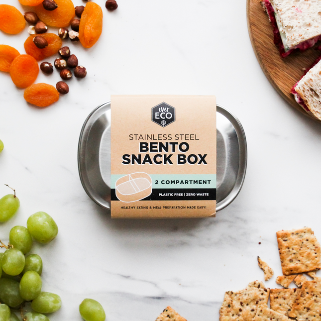 Ever Eco Stainless Steel Bento Snack Box 2 Compartment 580ml in retail packaging