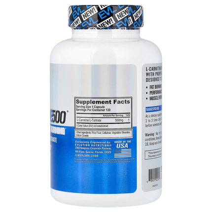 EVLution Nutrition L-Carnitine500®, 500 mg 120 Capsules - back label with supplement facts and ingredients