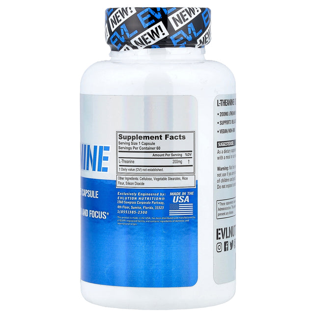 EVLution Nutrition L-Theanine, 200 mg, 60 Veg Capsules - supplement facts and ingredients label