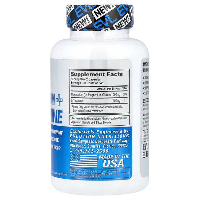 EVLution Nutrition Magnesium plus L-Theanine, 90 Veggie Capsules - supplement facts and ingredients label
