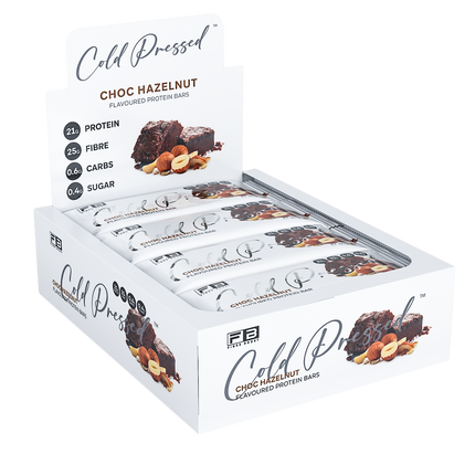 Fibre Boost Choc Hazelnut protein bar box showing nutritional callouts for protein, fibre, carbs and sugar
