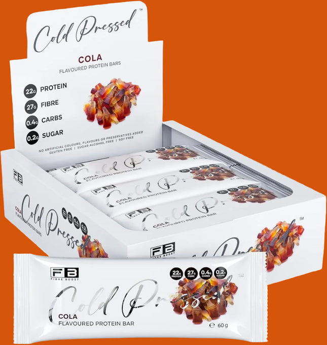 Box of Fibre Boost Cold Pressed Cola Protein Bar packaging