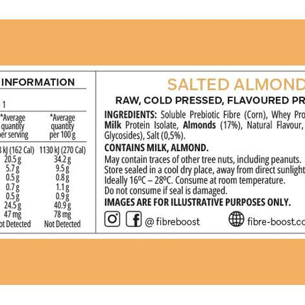 Nutrition information panel for Fibre Boost Salted Almond protein bar showing protein and fibre content