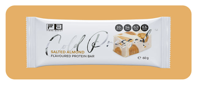 Fibre Boost Salted Almond protein bar packaging on a beige background