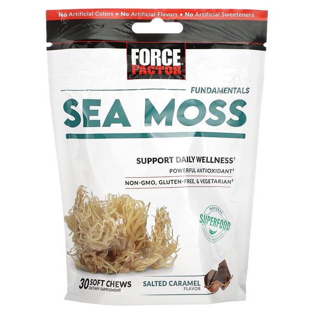 Force Factor Fundamentals sea moss soft chews in Salted Caramel, 30 chew pouch front of pack