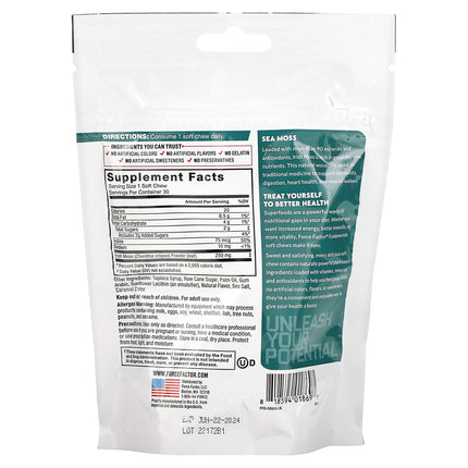Force Factor Fundamentals Sea Moss Salted Caramel 30 soft chews pouch back with supplement facts and ingredients