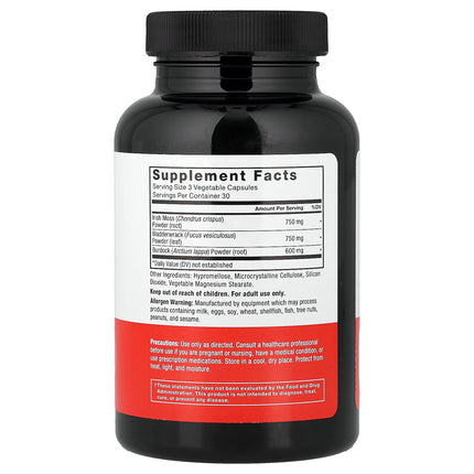 Force Factor Irish Sea Moss Complex 90 vegetable capsules back label with supplement facts and ingredients