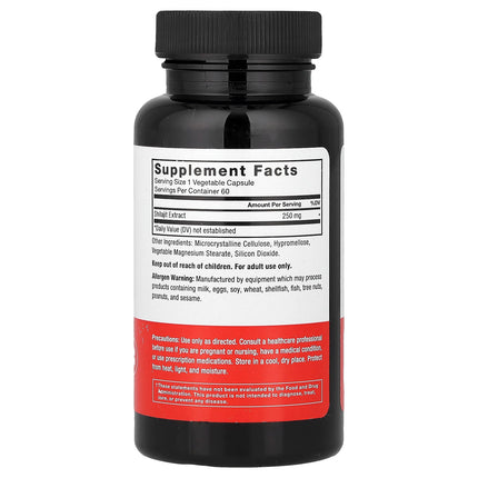 Force Factor Shilajit 250 mg 60 Vegetable Capsules - back of bottle with supplement facts