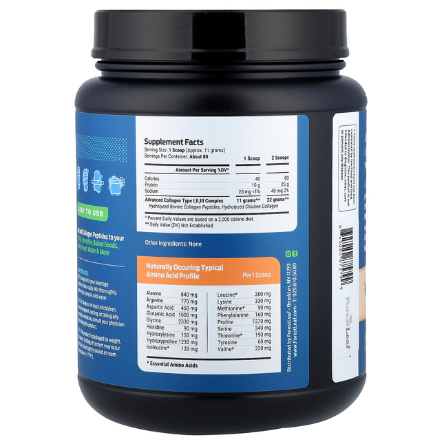 Forest Leaf Collagen Peptides, Unflavoured - Back label with supplement facts and ingredients