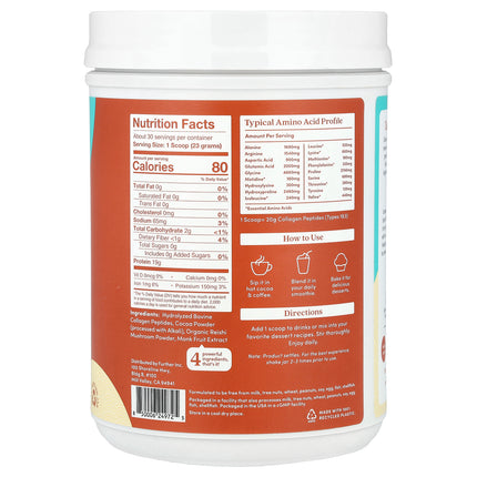Further Food Grass-Fed Collagen Peptides + Reishi Mushroom, Chocolate - Back label with supplement facts and ingredients