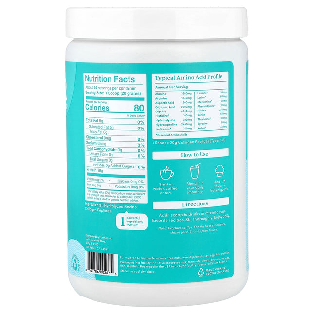 Further Food Grass-Fed Collagen Peptides, Unflavoured - Back label with supplement facts and ingredients