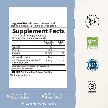 Garden of Life Grass Fed Collagen Peptides, Unflavoured - Back label with supplement facts and ingredients