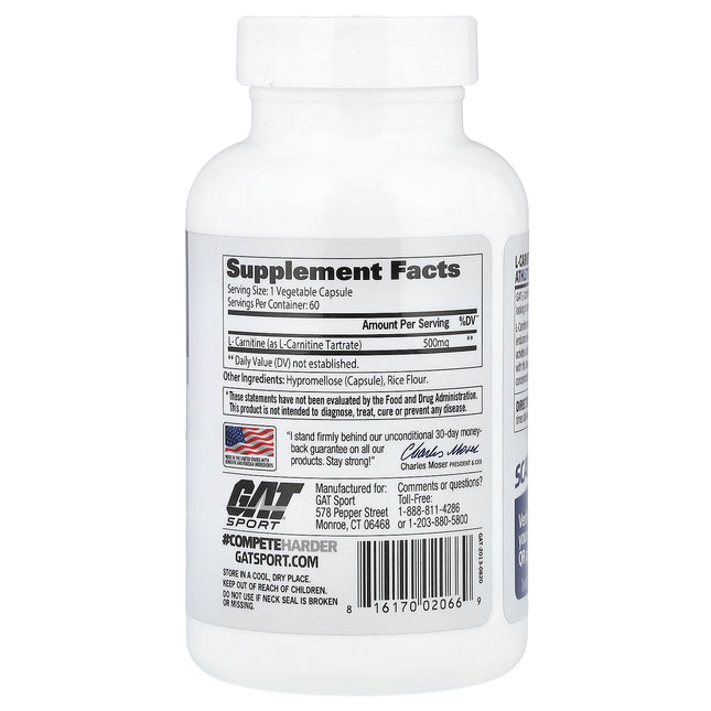 GAT L-Carnitine, 500 mg per Capsule 60 Veg Capsules - back label with supplement facts and ingredients