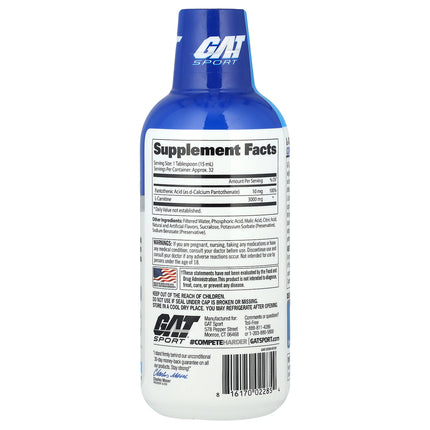 GAT Sport L-Carnitine, Blue Raspberry 473 ml (16 oz) - back label with supplement facts and ingredients