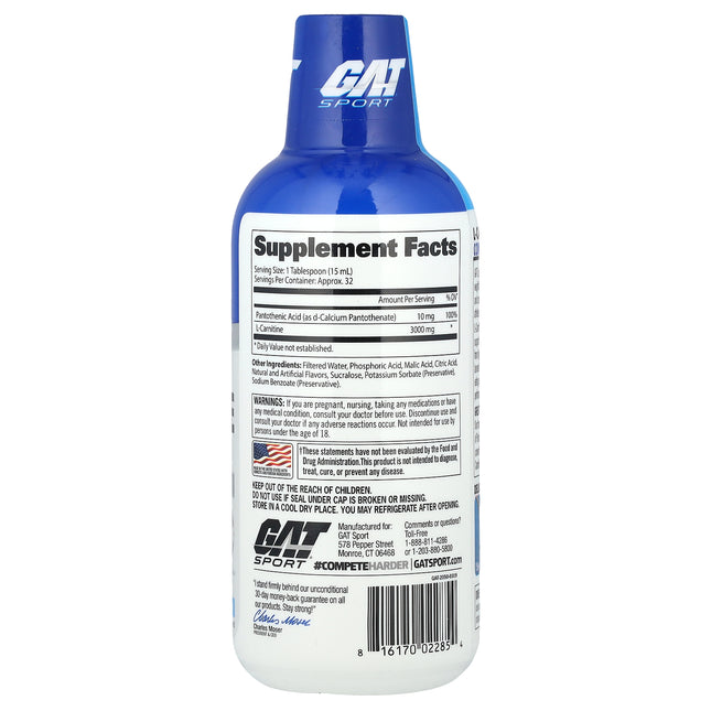 GAT Sport L-Carnitine, Blue Raspberry 473 ml (16 oz) - back label with supplement facts and ingredients