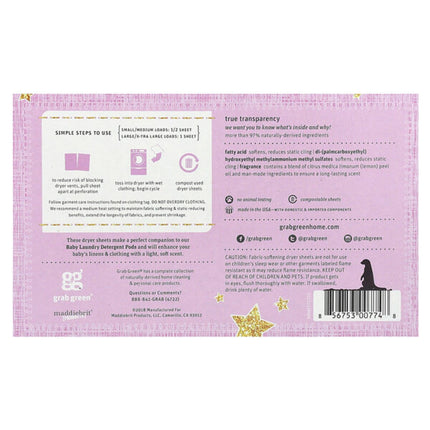 Grab Green, Baby Dryer Sheets, 5+ Months, Dreamy Rosewood with Essential Oils, 80 Compostable Sheets  - back label with ingredients
