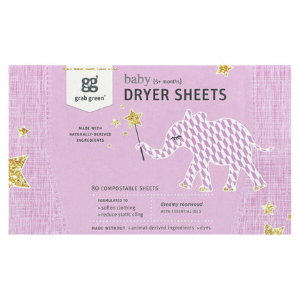 Grab Green, Baby Dryer Sheets, 5+ Months, Dreamy Rosewood with Essential Oils, 80 Compostable Sheets  - front of pack