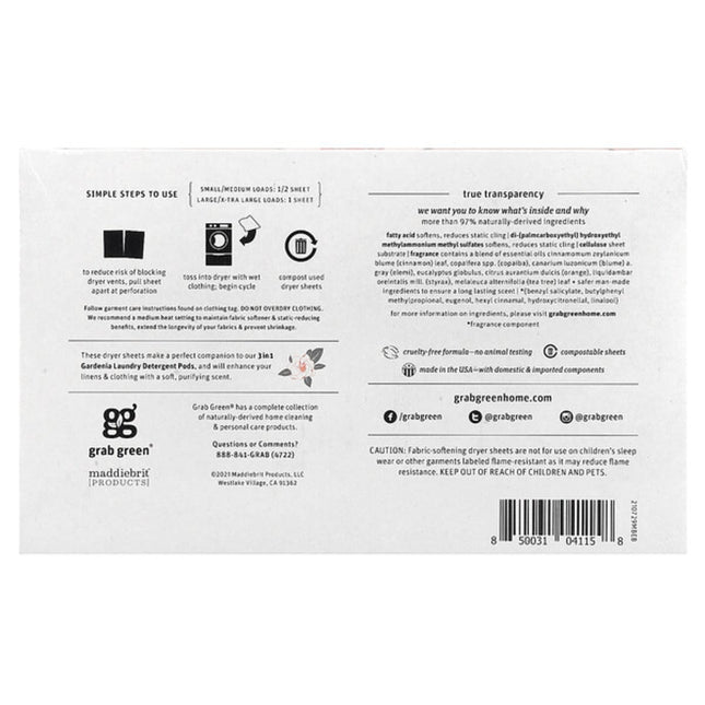 Grab Green, Dryer Sheets, Gardenia, 80 Compostable Sheets  - back label with ingredients