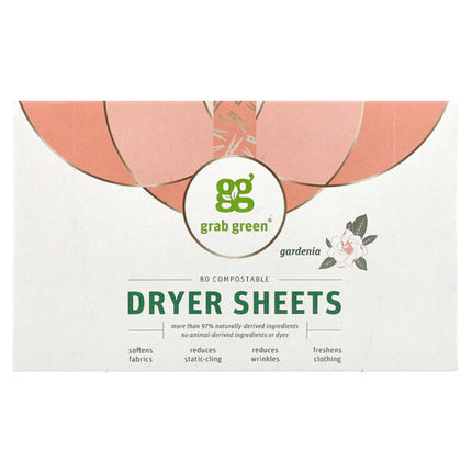 Grab Green, Dryer Sheets, Gardenia, 80 Compostable Sheets  - front of pack