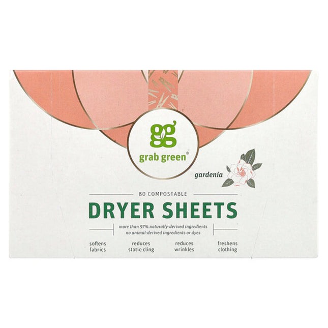 Grab Green, Dryer Sheets, Gardenia, 80 Compostable Sheets  - front of pack