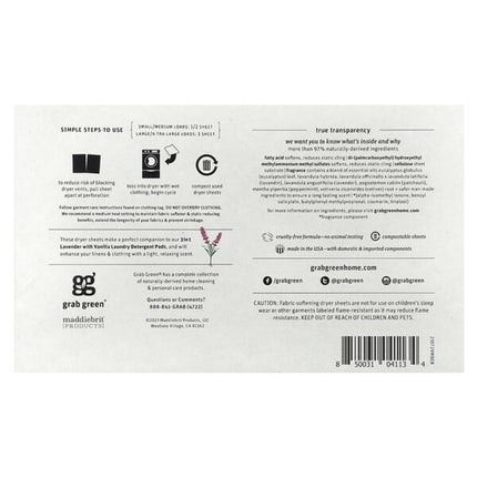 Grab Green, Dryer Sheets, Lavender with Vanilla, 80 Compostable Sheets  - back label with ingredients