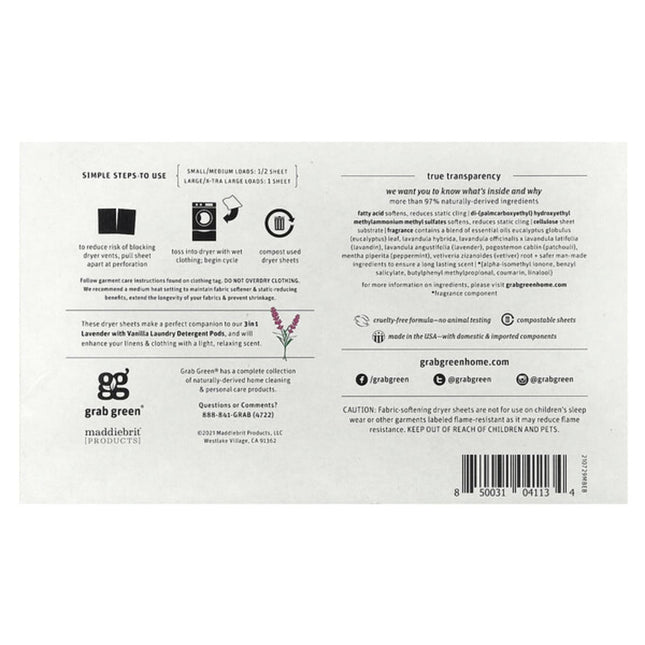 Grab Green, Dryer Sheets, Lavender with Vanilla, 80 Compostable Sheets  - back label with ingredients