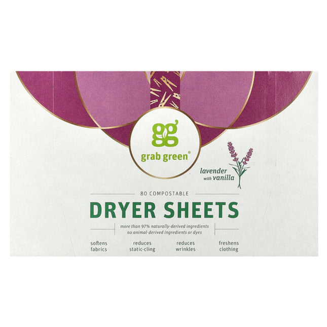 Grab Green, Dryer Sheets, Lavender with Vanilla, 80 Compostable Sheets  - front of pack