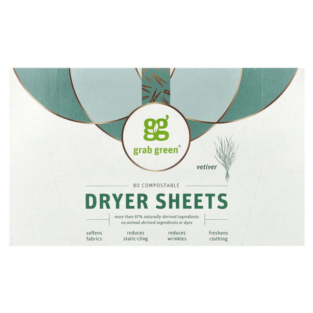 Grab Green, Dryer Sheets, Vetiver, 80 Compostable Sheets  - front of pack