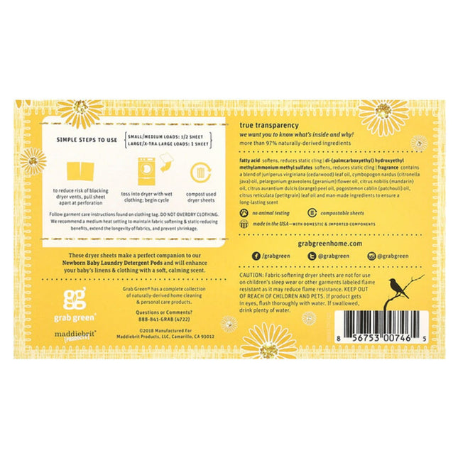 Grab Green, Newborn Baby Dryer Sheets, 0-4 Months, 40 Compostable Sheets  - back label with ingredients