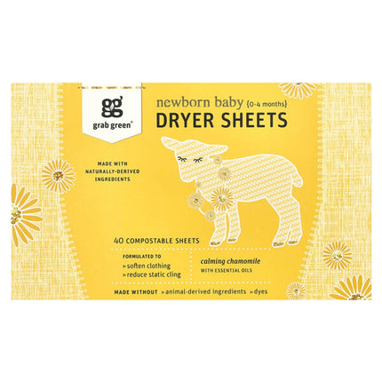 Grab Green, Newborn Baby Dryer Sheets, 0-4 Months, 40 Compostable Sheets  - front of pack
